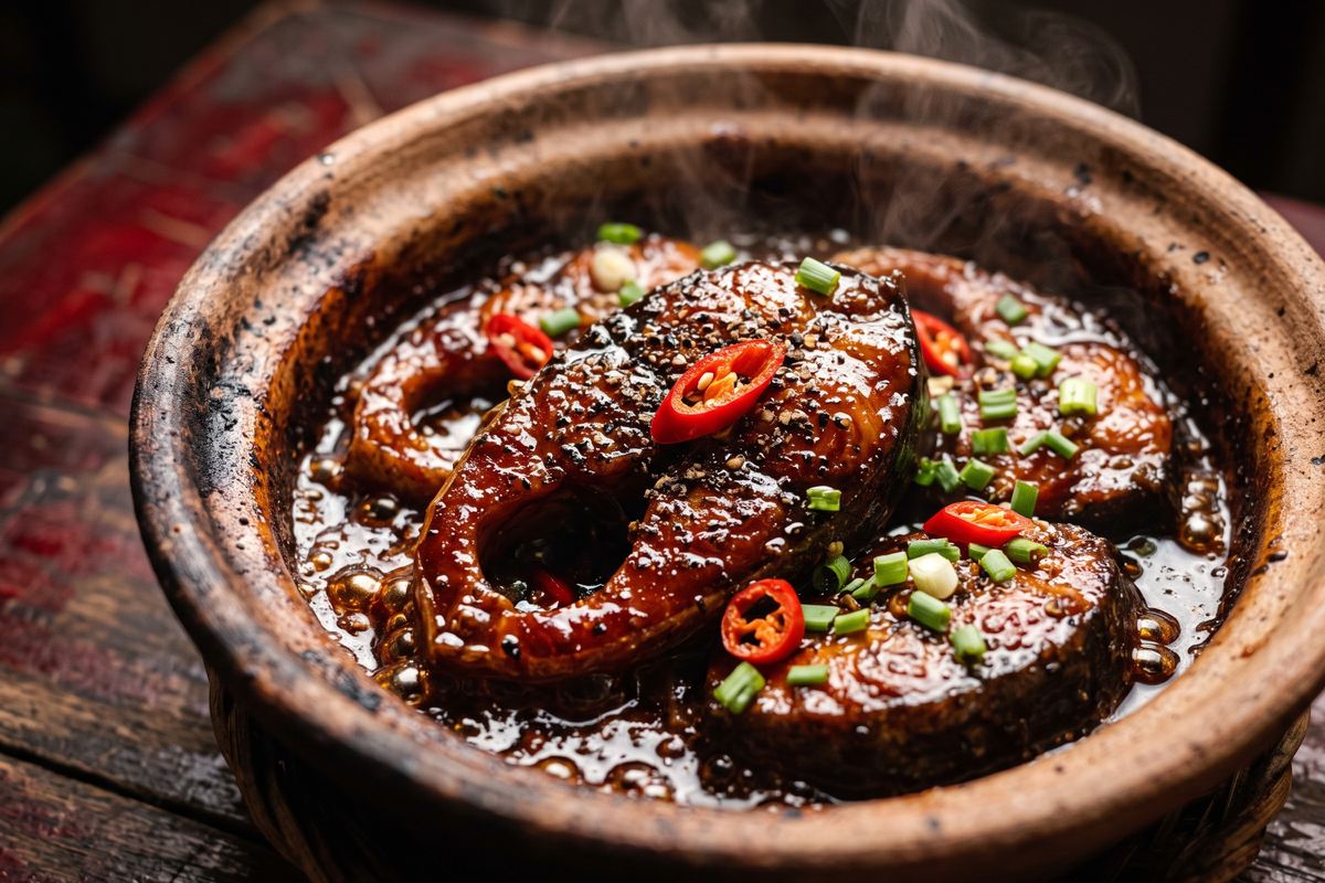 Dark mahogany caramelised fish steaks in a thick glossy sauce inside a small brown earthenware clay pot, scattered with pepper and chilli.