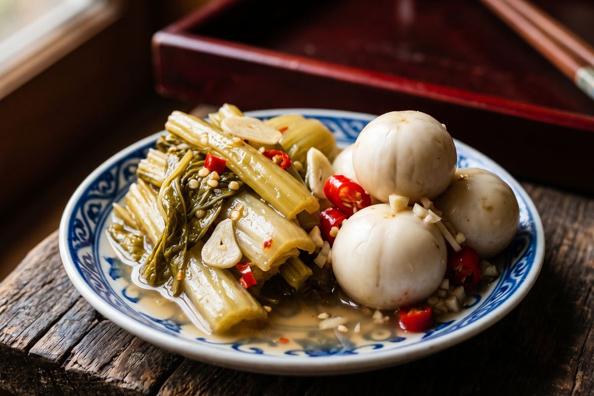 Pale golden pickled mustard greens glistening in brine in a small blue and white porcelain saucer, beside round white brined baby eggplants.