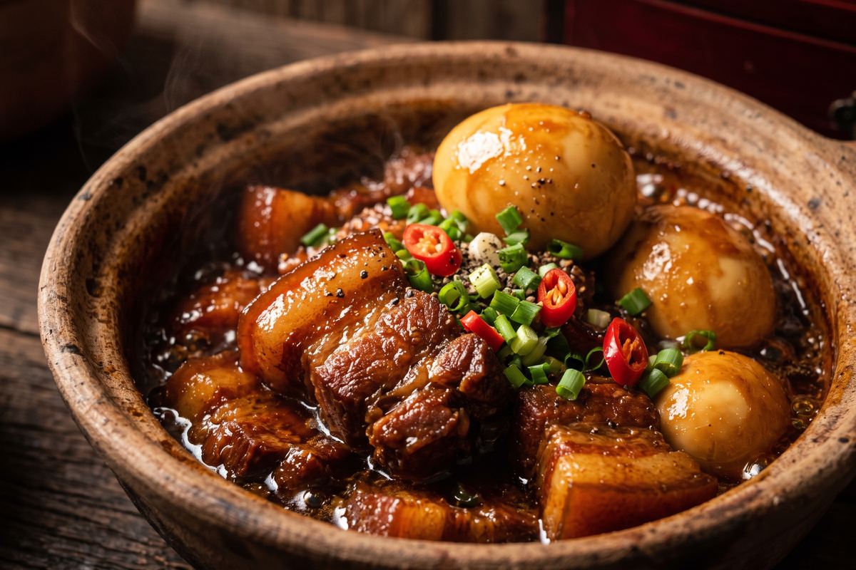 A clay pot of caramel-braised pork belly and whole soft eggs in glossy dark amber sauce, steaming, topped with spring onion and red chilli.